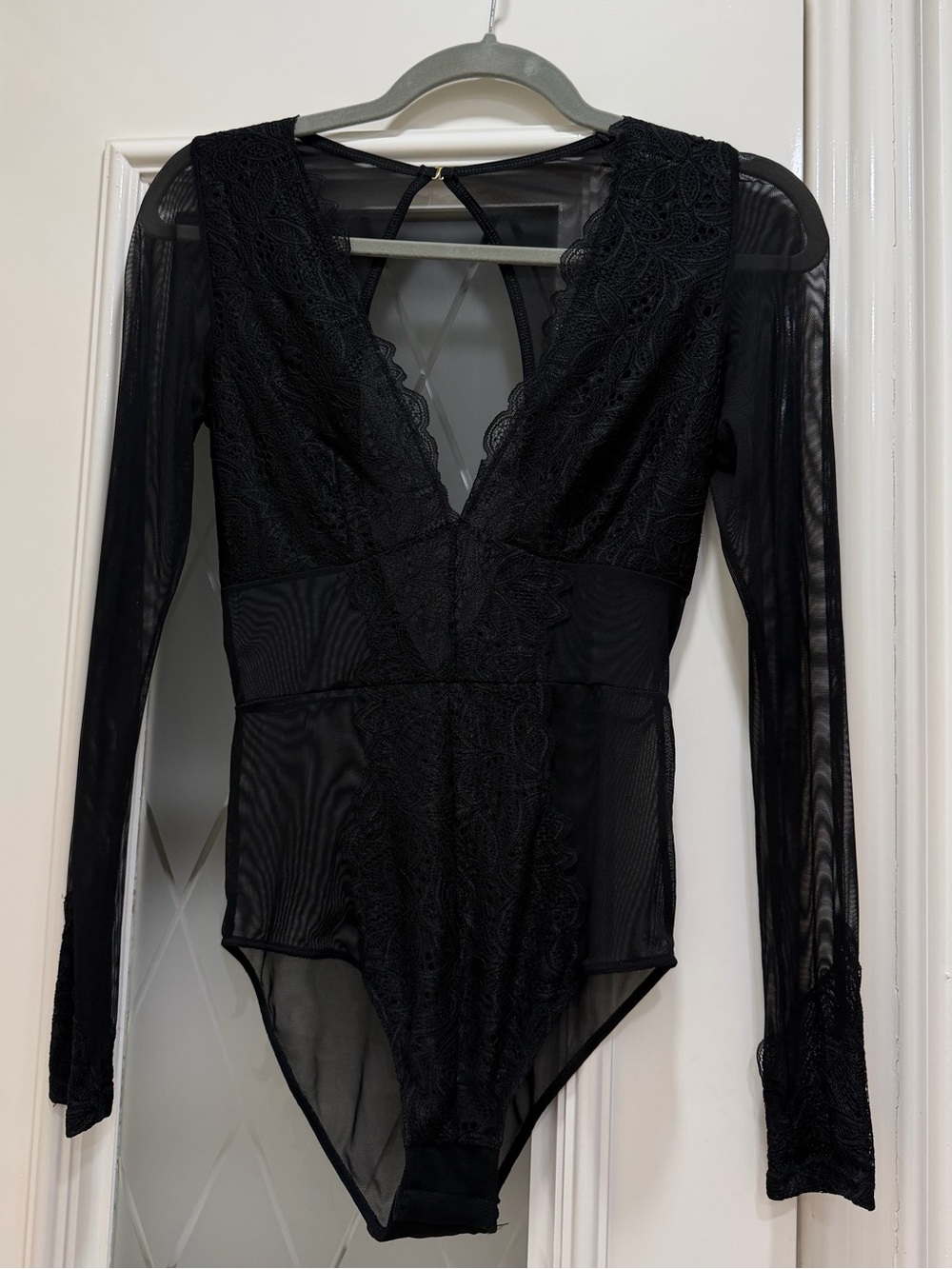 Black Lace V-Neck Long Sleeve Bodysuit